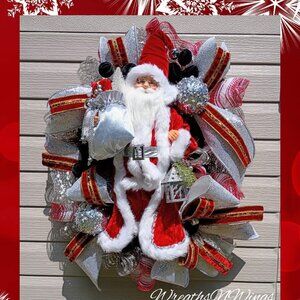 Santa Christmas Wreath, Deluxe Christmas Wreath, Silver Red Mesh Wreath